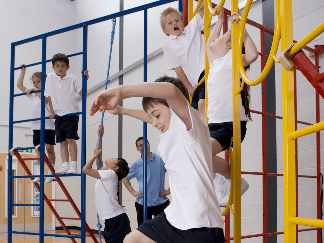 Pupils on gym wall bars