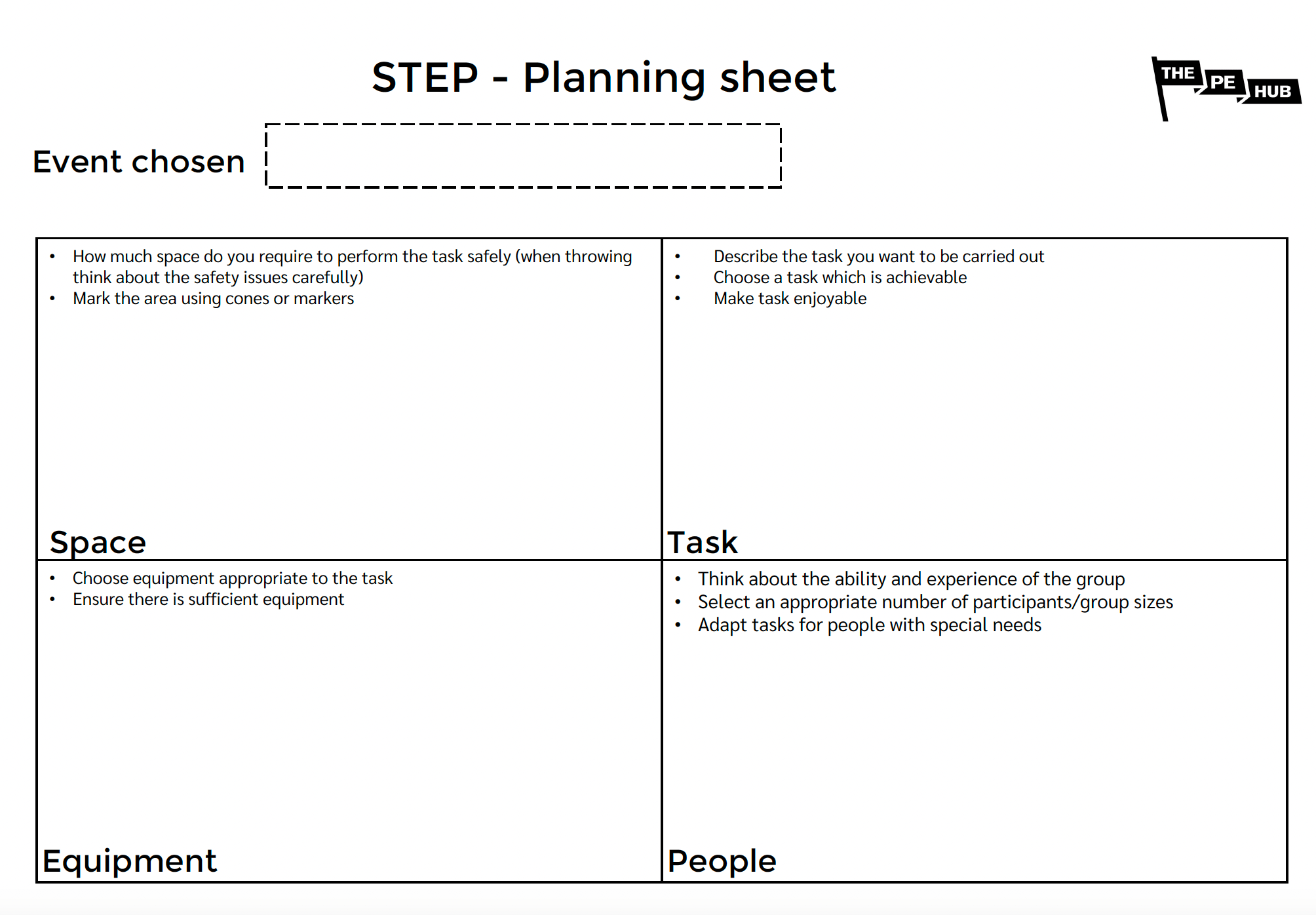 A sheet to help with plan using STEP principle