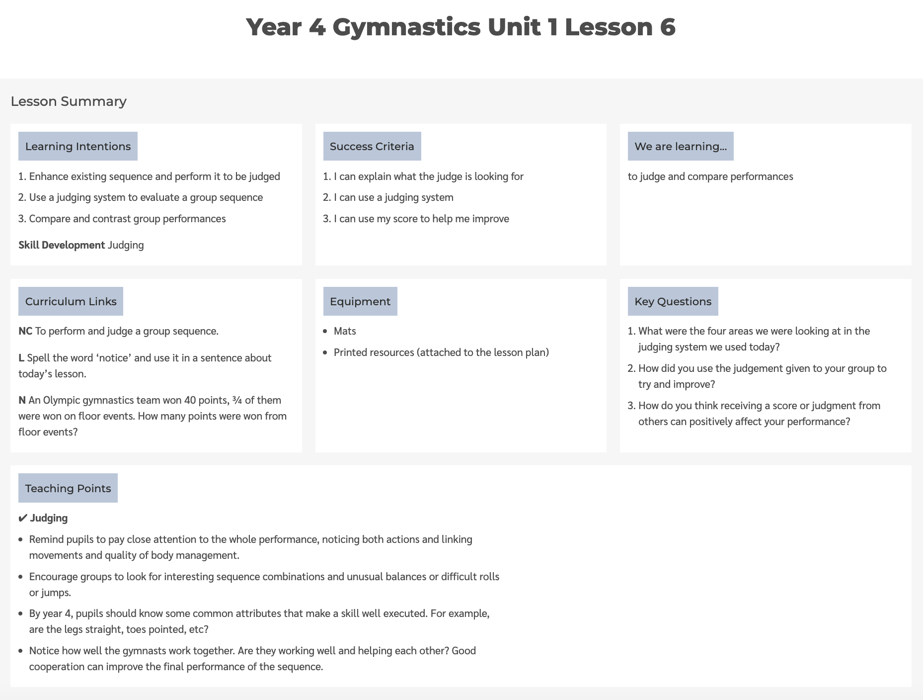 Year 4 Gymnastics Unit 1 Lesson 4