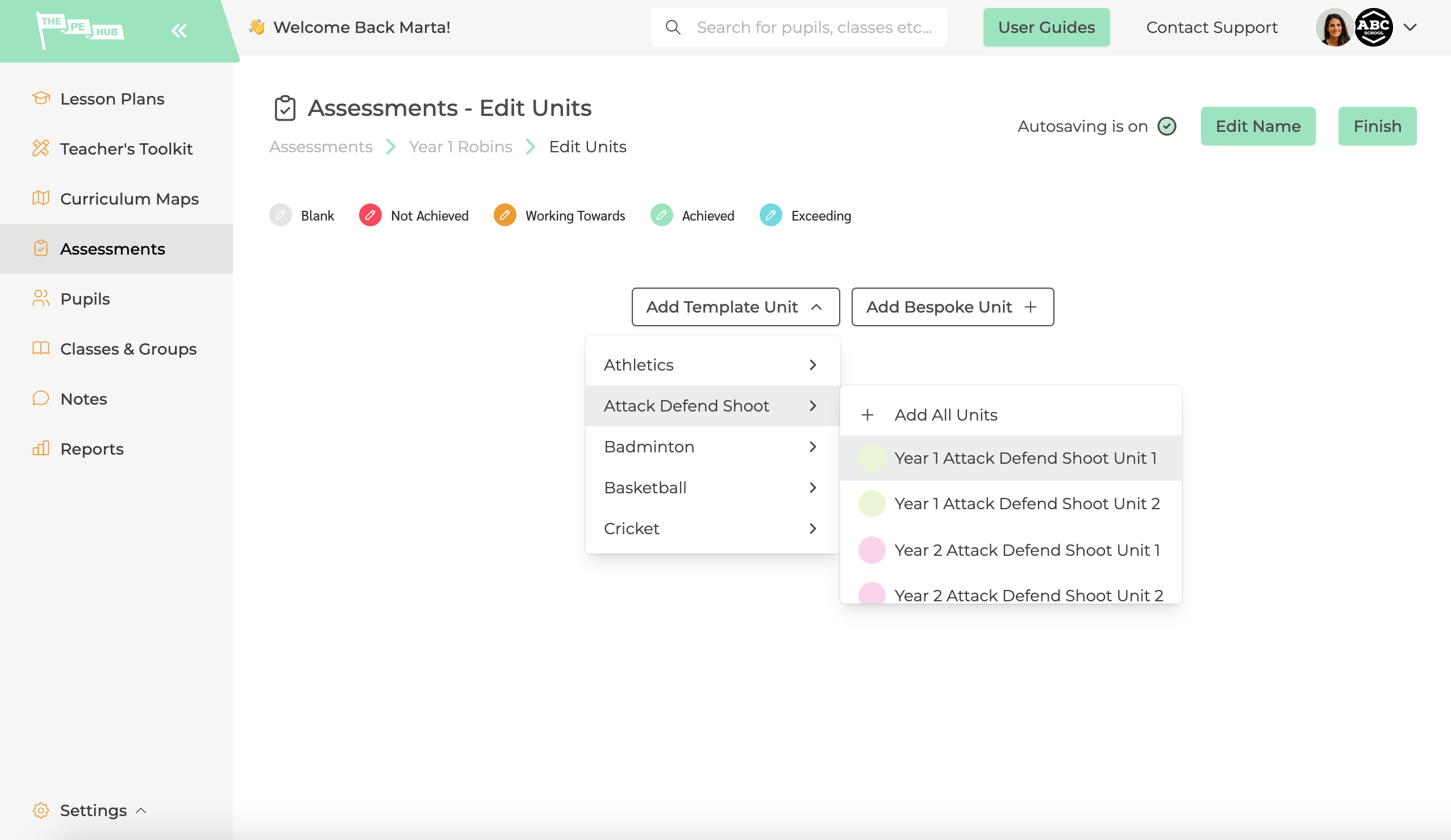 The PE Hub assessment tool's add unit feature