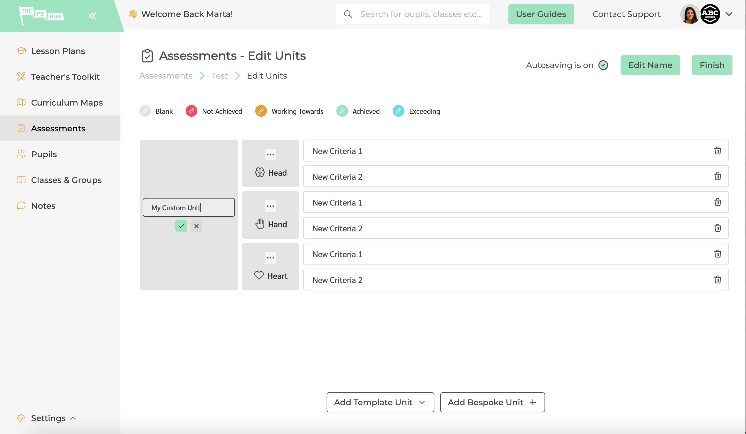 Adding a custom unit to an assessment created using The PE Hub's assessment tool