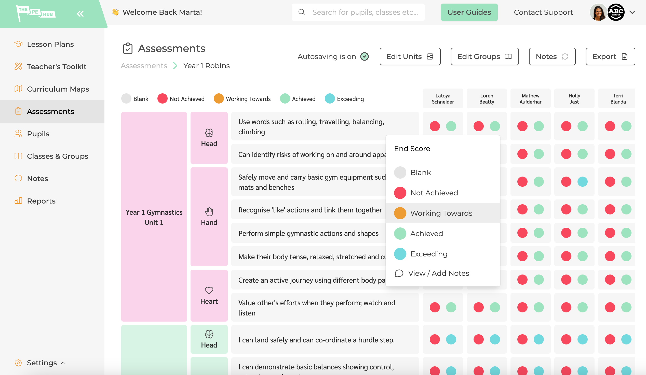 The scoring system for assessments in The PE Hub's assessment tool