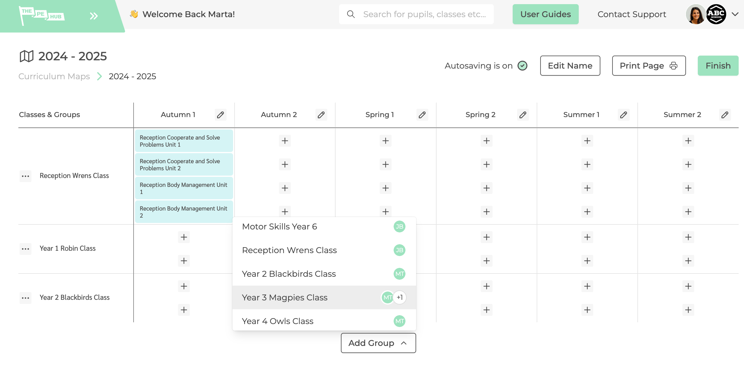 Adding a class to the curriculum map tool