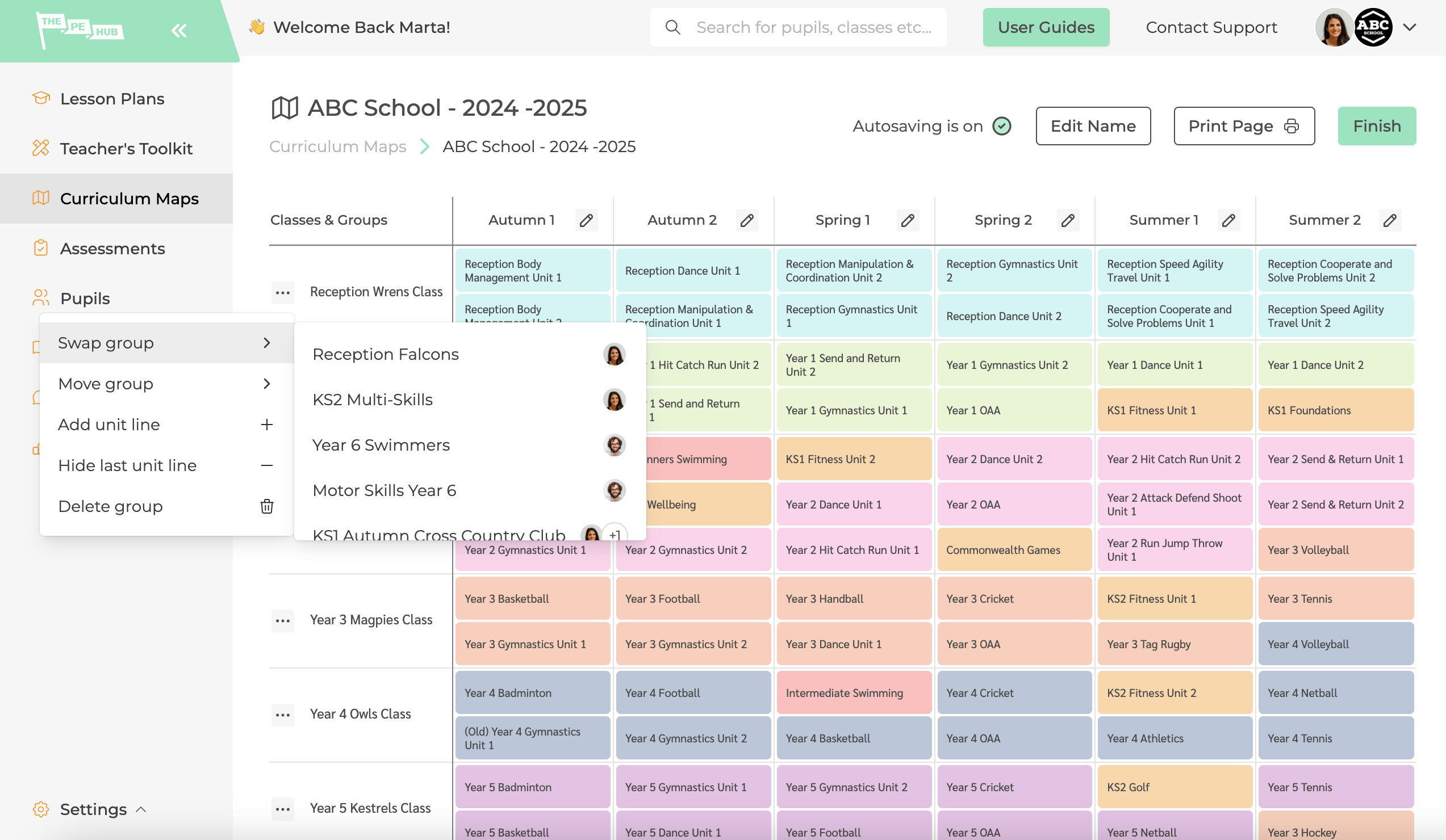 Swapping classes using The PE Hub's curriculum mapping tool