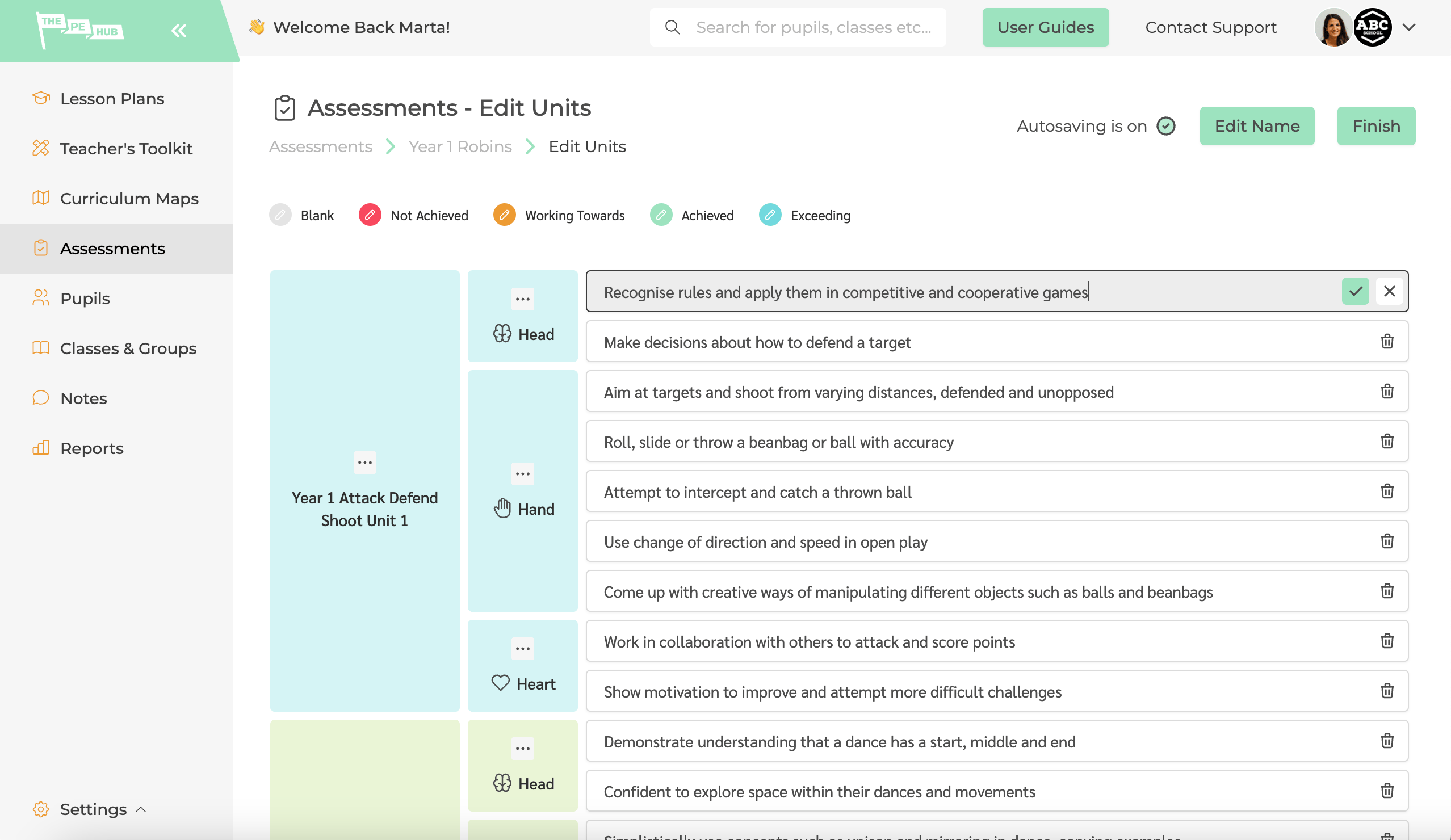 Editing assessment criteria using The PE Hub's assessment tool