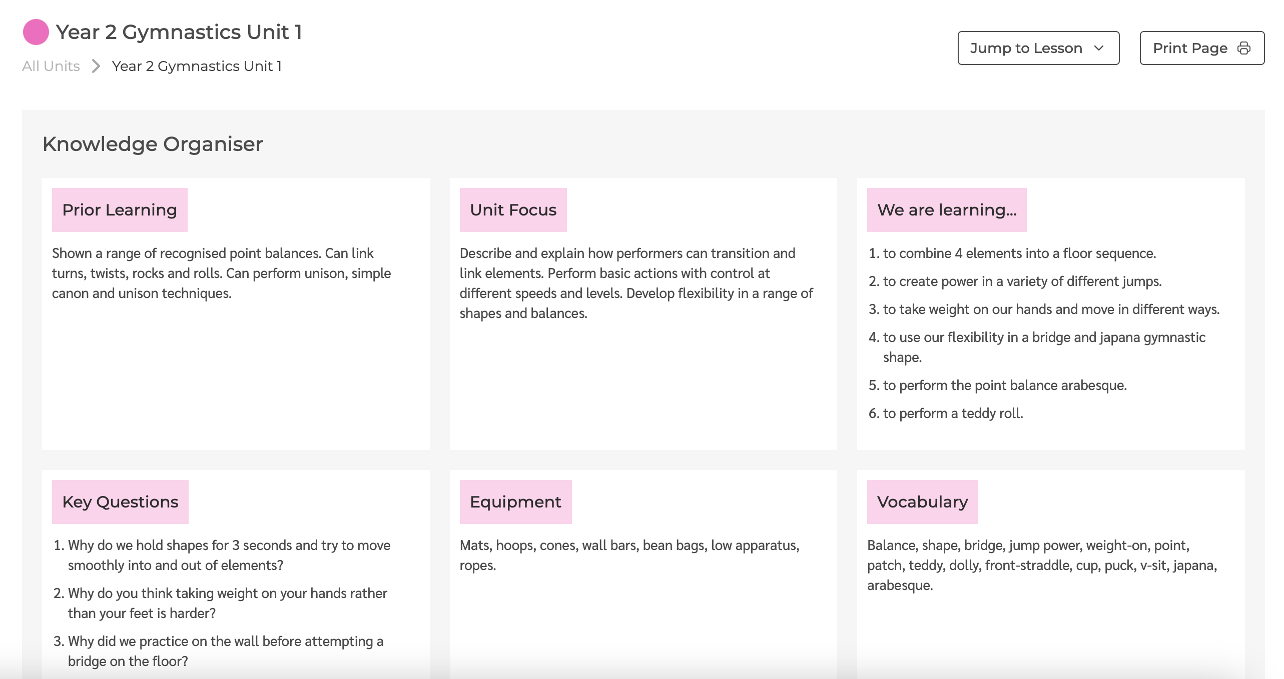 An example lesson plan on The PE Hub