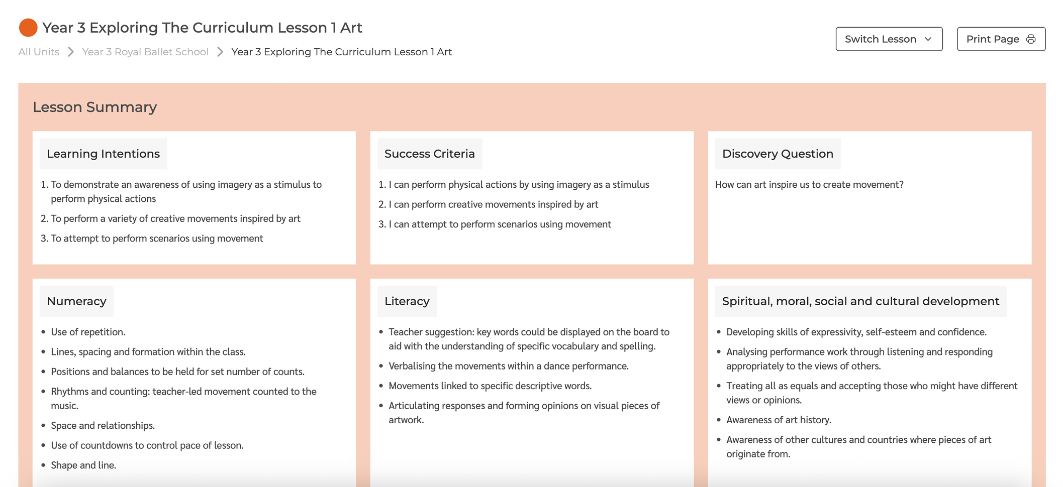 An example lesson plan from the Royal Ballet School partner programme