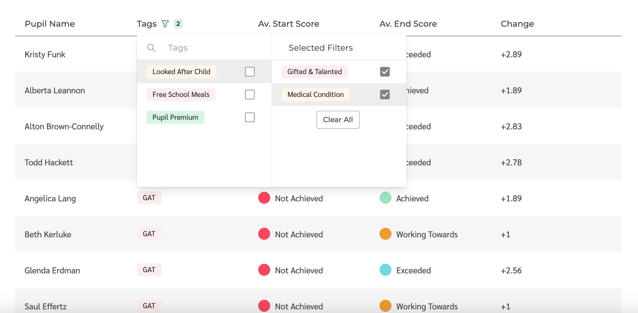 Filtering pupils by categories in The PE Hub's reports feature