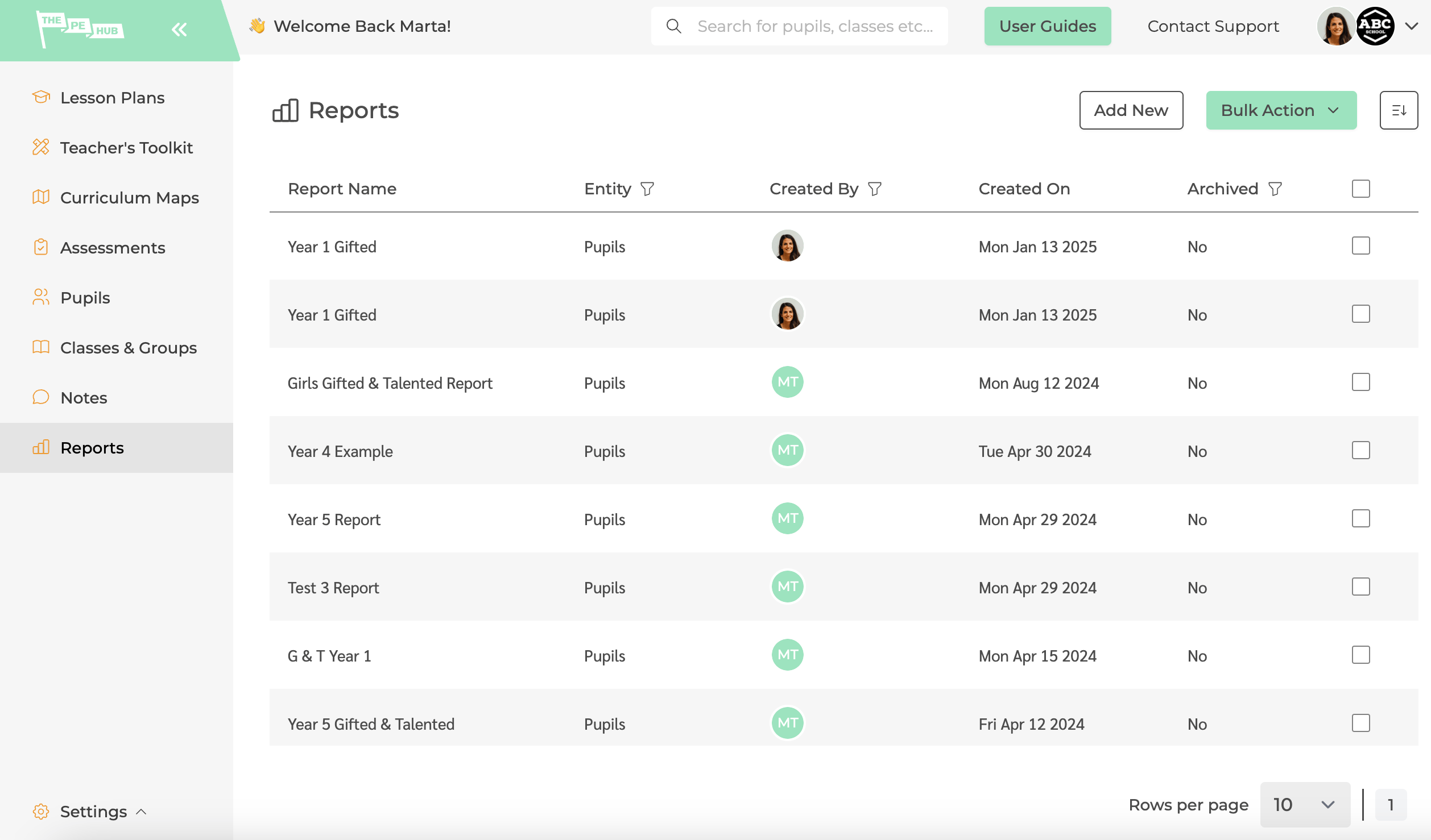 The management dashboard for reports in The PE Hub's reporting tool