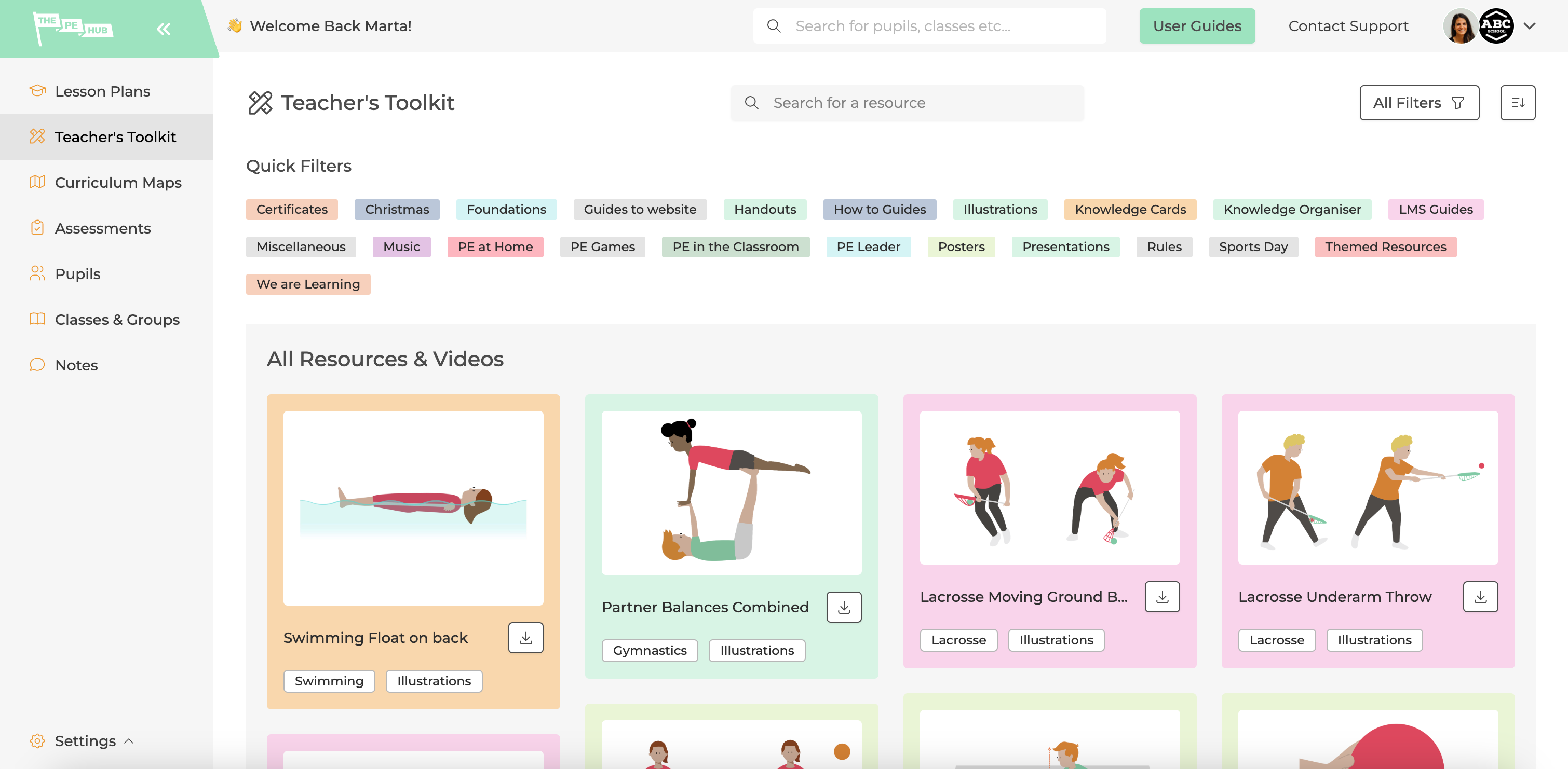 The PE Hub's range of resources, presented in the Teacher's Tookit area of the application