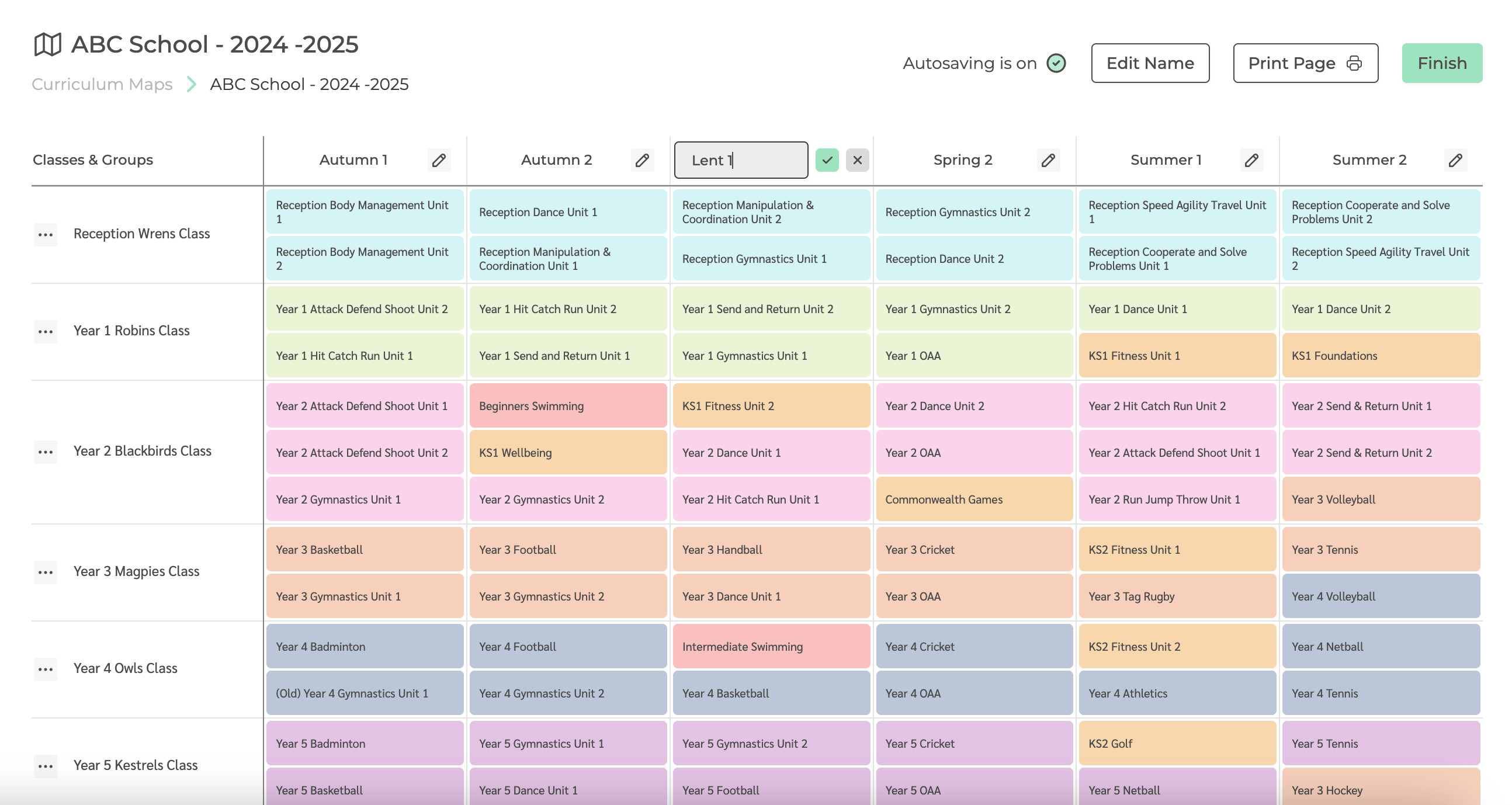 The edit unit feature on The PE Hub's curriculum mapping tool